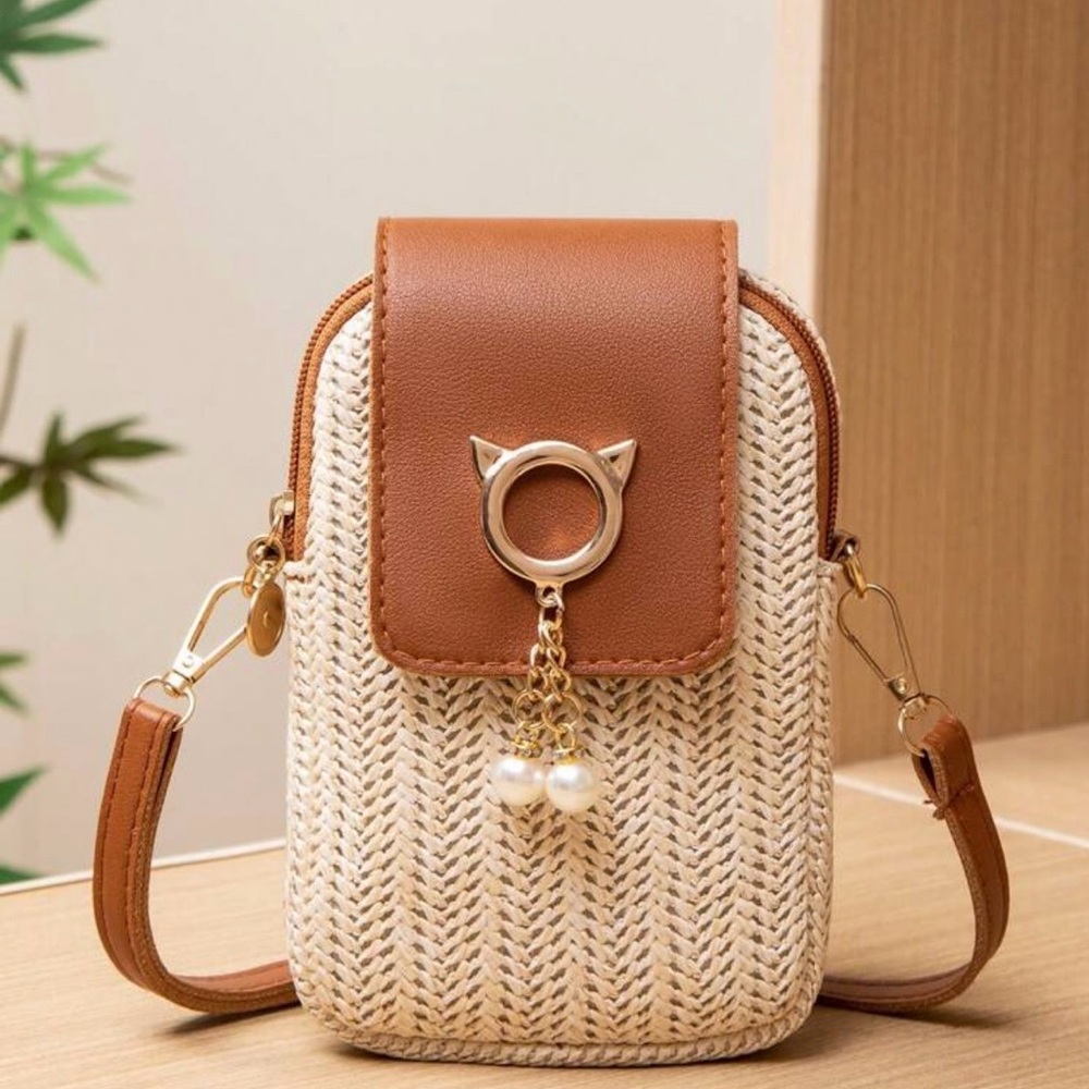 Brown and Cream Straw Weave Crossbody Bag NWT